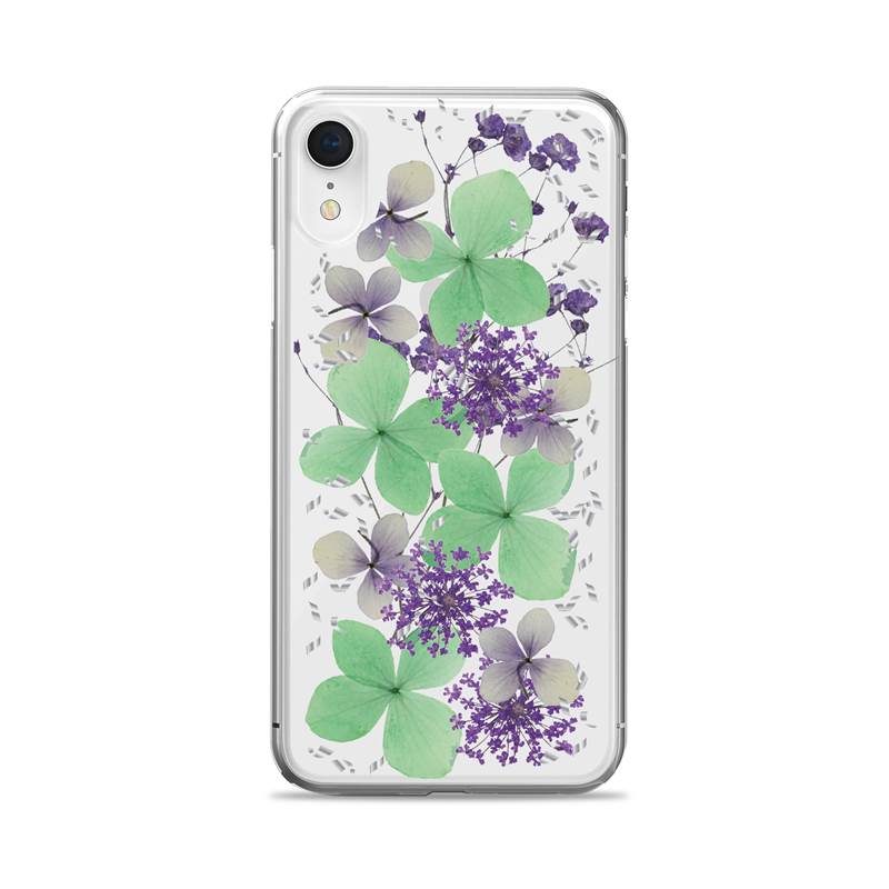 Puro Glam Hippie Chic case for iPhone XR, with real green flower petals