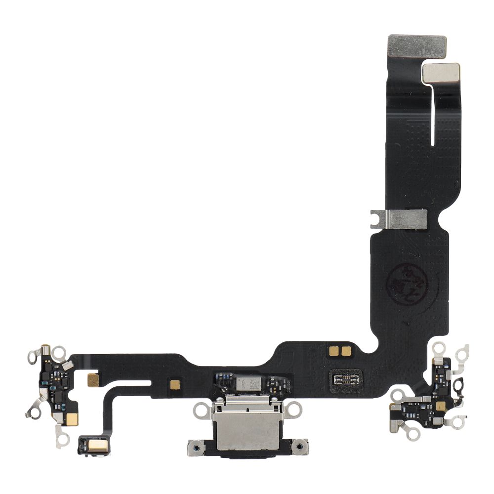 Original charging-port flex cable removed from a donor device for iPhone 15 Plus – black