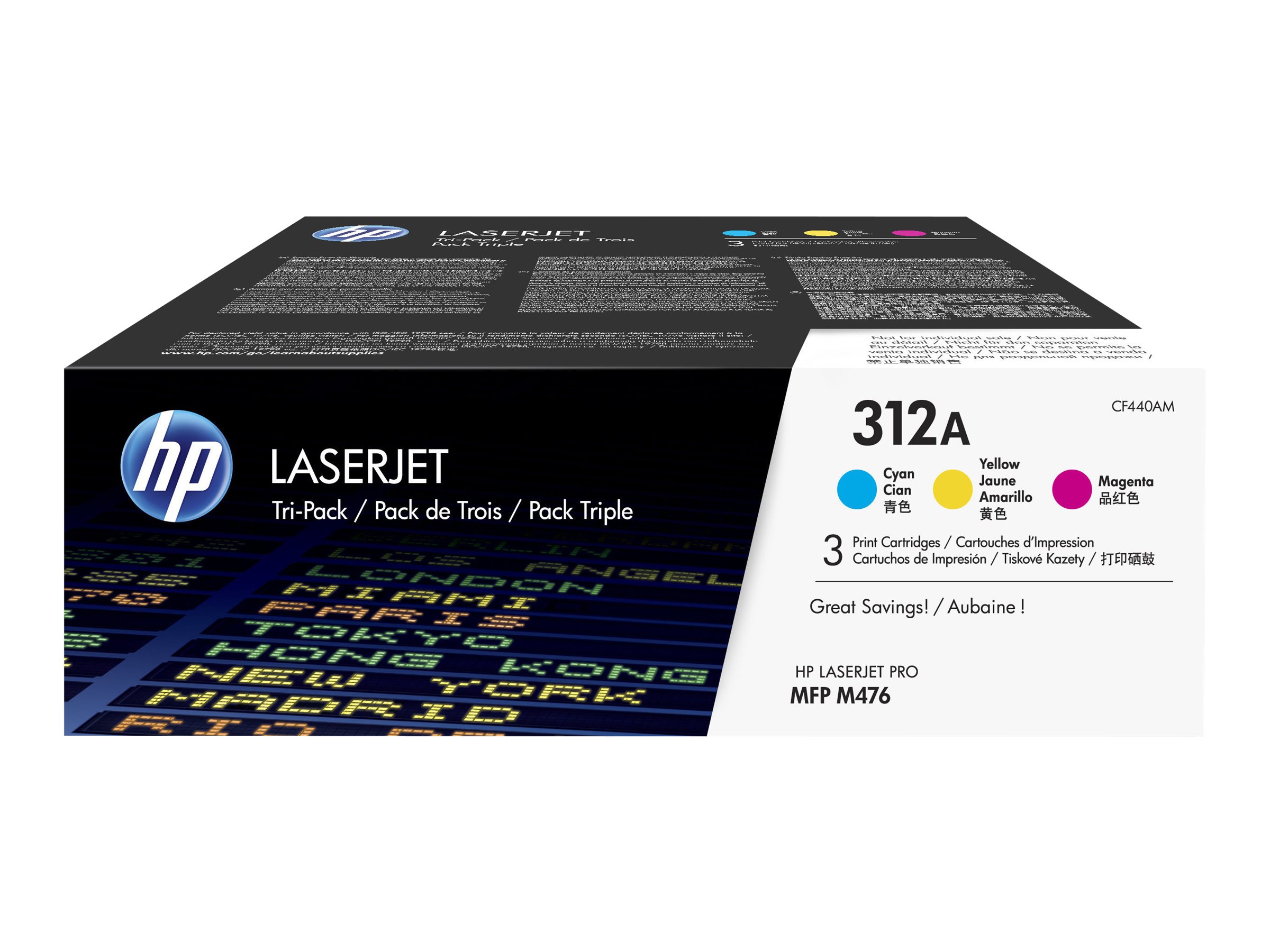 Alkuperäinen HP 312A LaserJet -värikasettipakkaus (CF440AM), syaani / magenta / keltainen, 3 kpl, Color LaserJet Pro MFP M476 -malleille