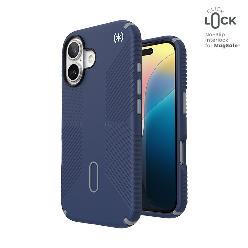 Speck Presidio2 Grip -suojakuori MagSafe- ja ClickLock-tuella iPhone 16:lle, Coastal Blue/Dust Grey