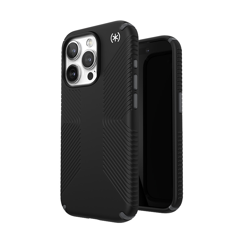 Speck Presidio2 Grip MagSafe suojakuori iPhone 15 Pro -laitteelle, musta liuskeenharmailla yksityiskohdilla