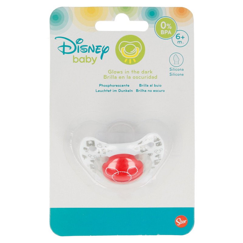 Mickey Mouse anatomisesti muotoiltu silikonitutti, 6 kk+, hohtaa pimeässä, punainen