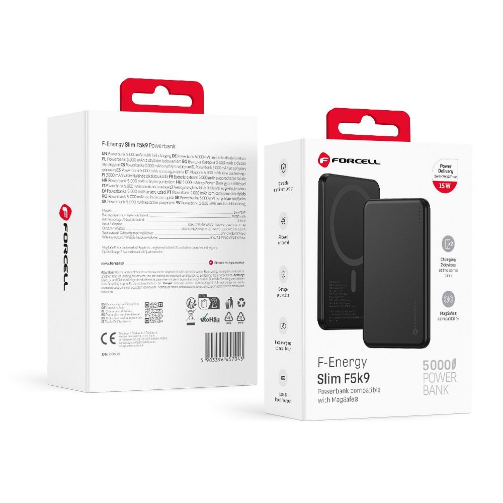 Forcell F-Energy Slim F5K9 -varavirtalähde, MagSafe-yhteensopiva, 5000 mAh, 15 W, QC 4.0, PD 3.0, musta