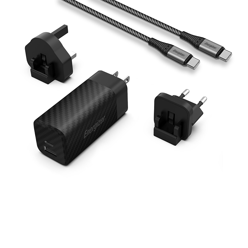 Energizer Ultimate A65MUC GaN-matkalaturi EU-, UK- ja US-pistokkeilla, USB-C + USB-A, 65 W PD, USB-C-kaapelilla, musta