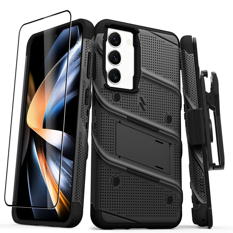 ZIZO BOLT Series armoured-case set for Samsung Galaxy S23+, with 9H screen protector, built-in kickstand and belt-clip holster, black