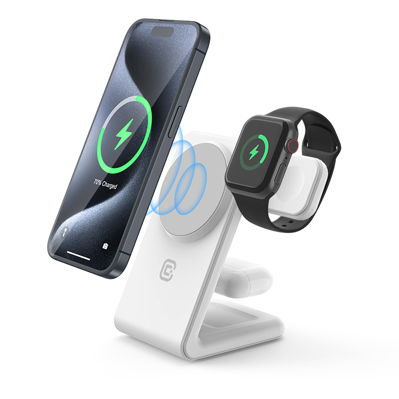 Crong MagSpot Pivot Stand 3-in-1 MagSafe-compatible wireless charger for iPhone, Apple Watch and AirPods, white