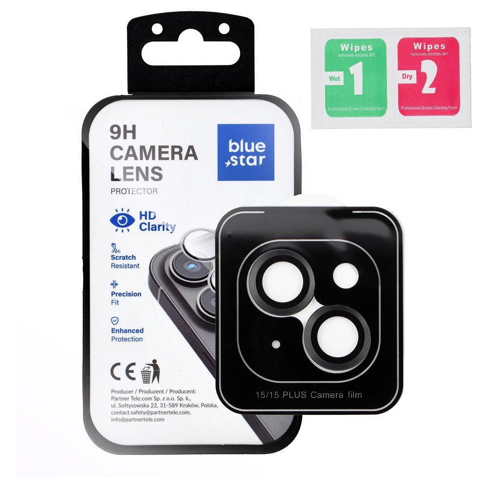 Blue Star Easy Install tempered-glass camera-lens protector for iPhone 15 / 15 Plus – black