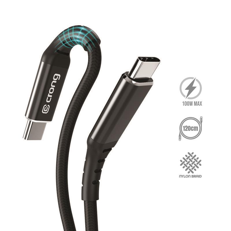 Crong Armor Link USB-C–USB-C-kaapeli, 120 cm, 100 W PD, 5 A, musta