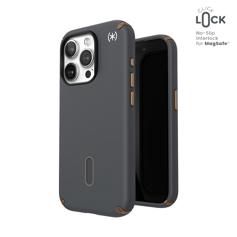 Speck Presidio2 Pro ClickLock MagSafe suojakuori iPhone 15 Pro -laitteelle, hiilenharmaa ja kylmän pronssin sävyinen