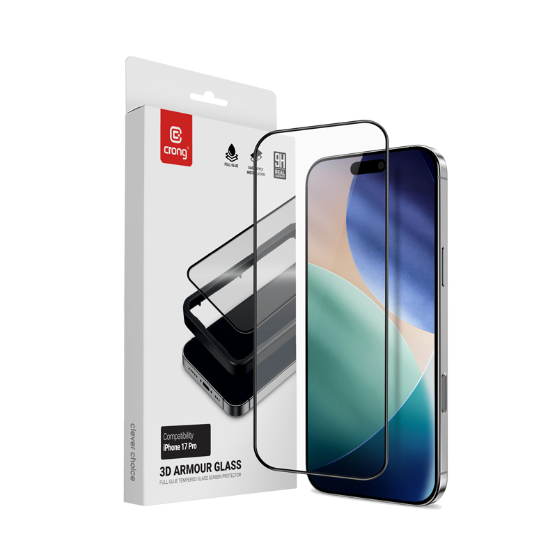 Crong 3D Armor Glass karkaistu näytönsuojalasi iPhone 17 Pro -laitteelle, asennuskehyksellä