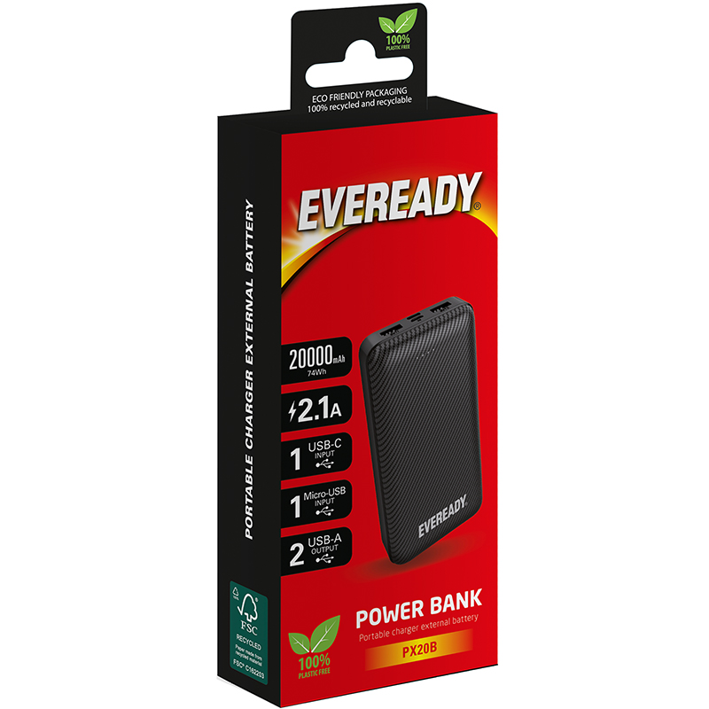 Eveready PX20B varavirtalähde, 20000 mAh, 2 × USB-A, musta