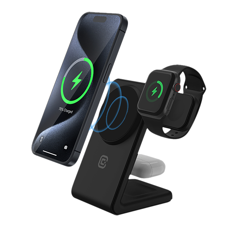 Crong MagSpot Pivot Stand 3-in-1 MagSafe-compatible wireless charger for iPhone, Apple Watch and AirPods, black