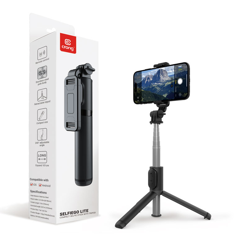Crong SelfieGo Lite kompakti Bluetooth-selfiekeppi ja kolmijalka, musta