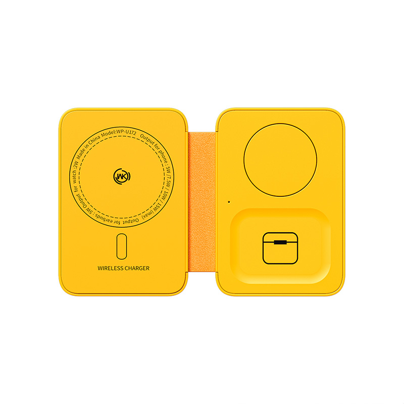 WEKOME WP-U172 foldable 3-in-1 wireless charging station with mirror for iPhone, Apple Watch and AirPods, MagSafe-compatible, 15 W, yellow