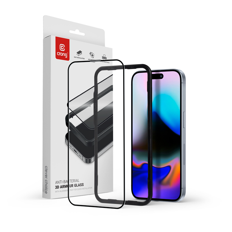 Crong Anti-Bacterial 3D Armor Glass 9H koko pinnalta kiinnittyvä karkaistu näytönsuojalasi iPhone 16 Pro -laitteelle, asennuskehyksellä