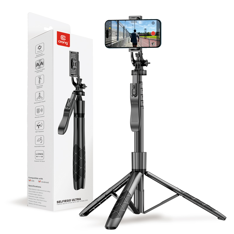 Crong SelfieGo Ultra alumiininen Bluetooth-selfiekeppi ja kolmijalka, musta