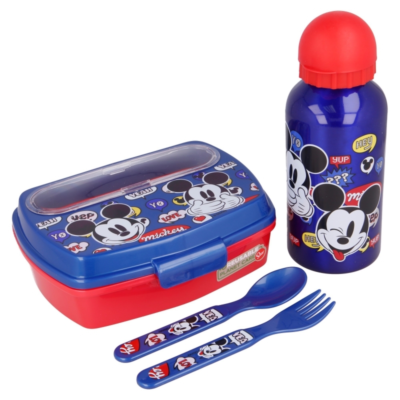 Mickey Mouse eväsrasiasetti 400 ml:n juomapullolla ja ruokailuvälineillä