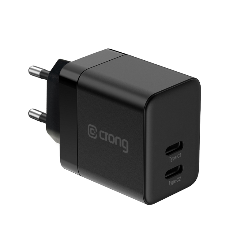 Crong Ultra Compact GaN -seinälaturi, 2 × USB-C, 35 W, PD 3.0, PPS, musta