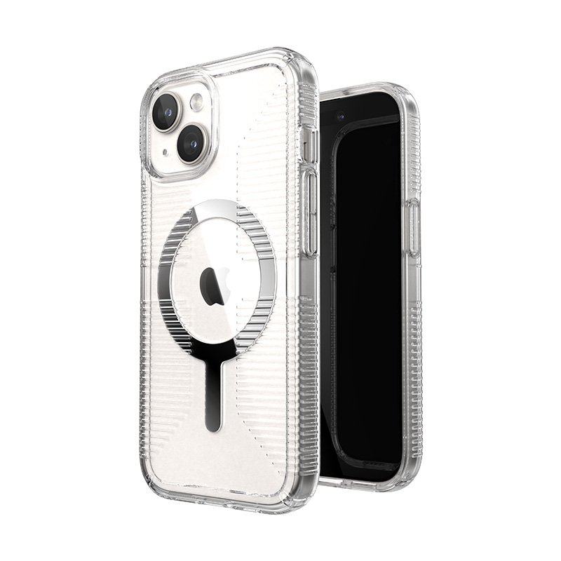 Speck GemShell Grip MagSafe -suojakuori iPhone 17e / 16e / 15 / 14 / 13 -laitteelle, läpinäkyvä krominvärisillä yksityiskohdilla