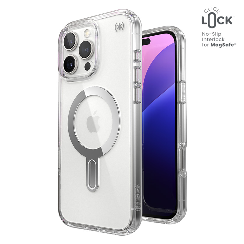 Speck Presidio Perfect-Clear -suojakuori MagSafe- ja ClickLock-tuella iPhone 16 Pro Max:lle, Clear/Chrome