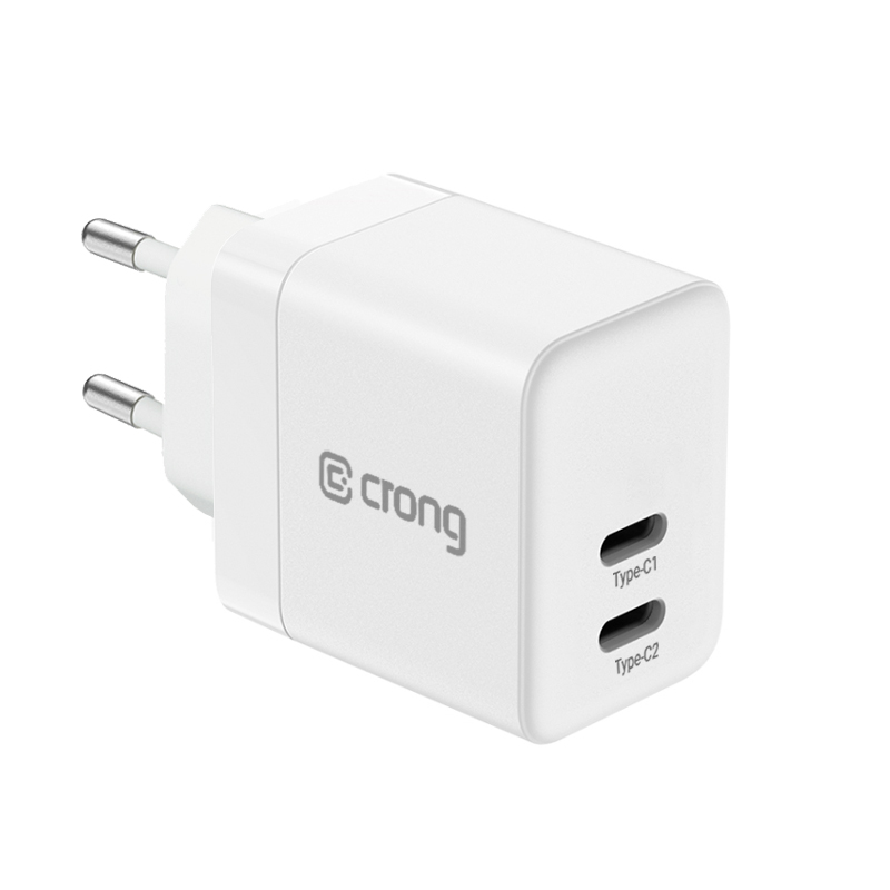 Crong Ultra Compact GaN -seinälaturi, 2 × USB-C, 35 W, PD 3.0, PPS, valkoinen
