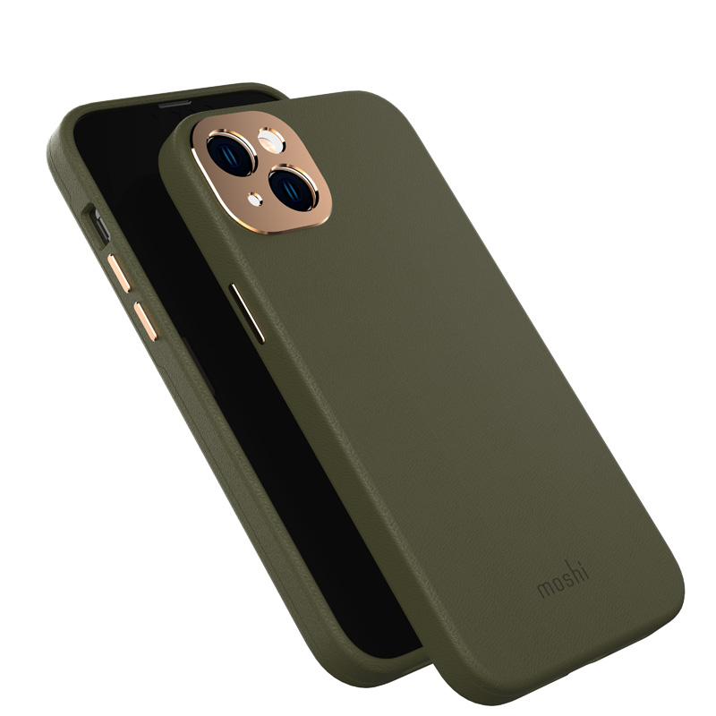 Moshi Napa suojakuori iPhone 14 Plus -laitteelle, MagSafe-yhteensopiva, vegaaninahkainen, Juniper Green -värinen