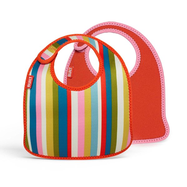 BUILT Mess Mate neopreeniset ruokalaput taaperoille, 2 kpl, Baby Pink Stripe