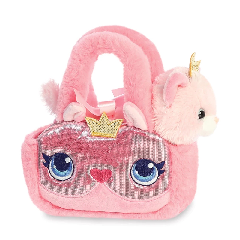 Fancy Pals ympäristöystävällinen prinsessakissa-pehmolelu kultakruunulla vaaleanpunaisessa laukussa, 20 cm