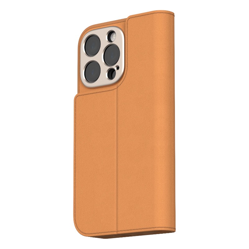 Moshi Overture MagSafe suojakuori iPhone 16 Pro -laitteelle, irrotettavalla vegaaninahkaisella lompakolla, Caramel Brown -värinen