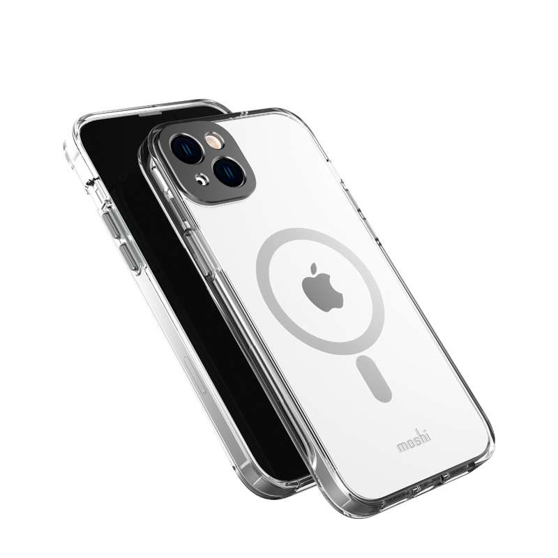 Moshi iGlaze suojakuori iPhone 14 Plus -laitteelle, MagSafe-yhteensopiva, läpinäkyvä Meteorite Gray -yksityiskohdilla
