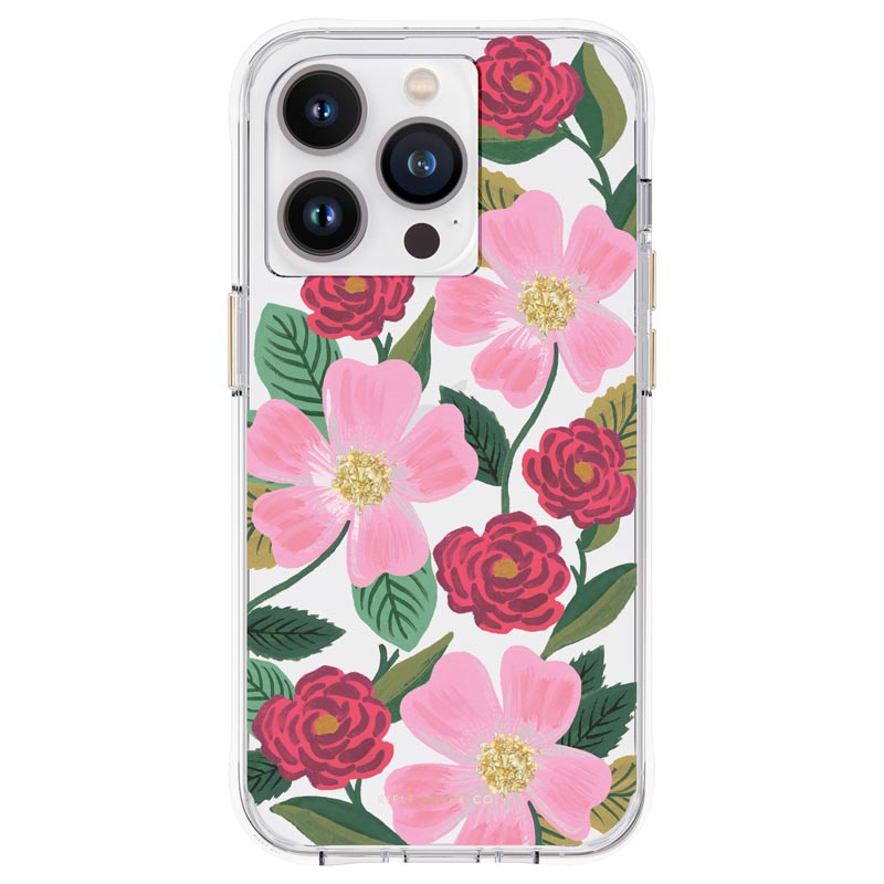 Rifle Paper Clear suojakuori iPhone 14 Pro -laitteelle, kullanvärisellä koristelulla, Rose Garden -kuvioinen