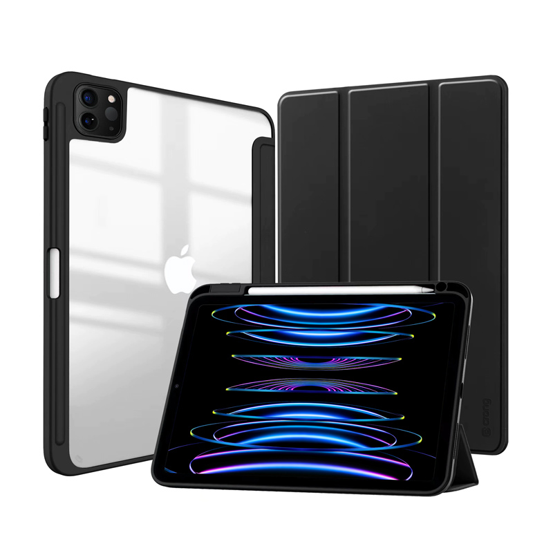 Crong PrimeFolio case for iPad Air 11" (2026–2024) / iPad Air 10.9" (5th / 4th gen.) / iPad Pro 11" (2022–2021), with Apple Pencil holder, black and clear