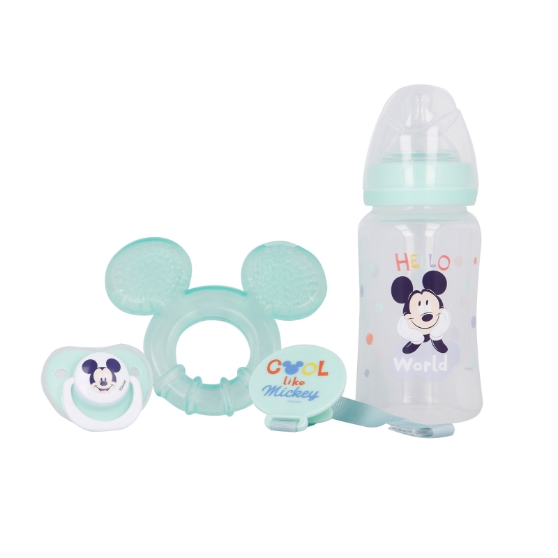 Mickey Mouse Cool -vauvan setti: 240 ml:n tuttipullo, anatominen tutti, purulelu ja tuttipidike