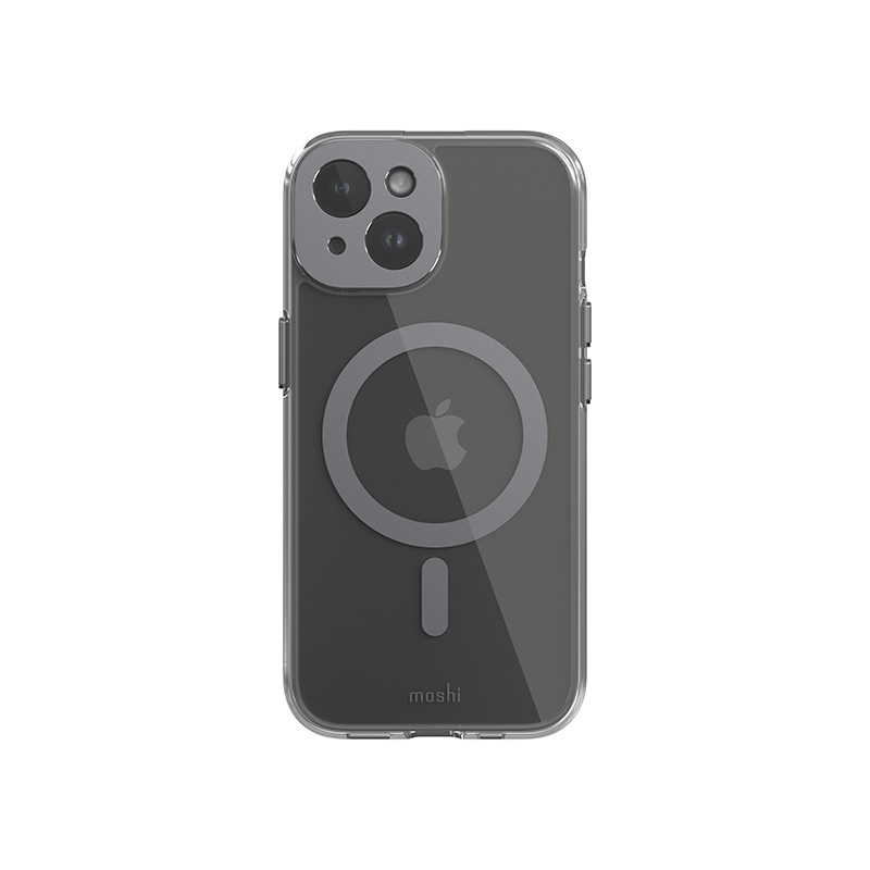 Moshi iGlaze MagSafe suojakuori iPhone 15 -laitteelle, läpinäkyvä Meteorite Gray -yksityiskohdilla
