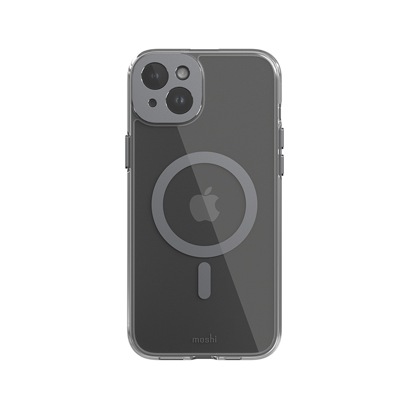 Moshi iGlaze MagSafe suojakuori iPhone 15 Plus -laitteelle, läpinäkyvä Meteorite Gray -yksityiskohdilla