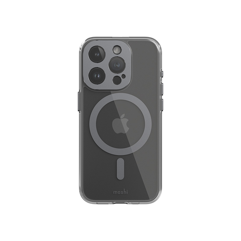 Moshi iGlaze MagSafe suojakuori iPhone 15 Pro -laitteelle, läpinäkyvä Meteorite Gray -yksityiskohdilla