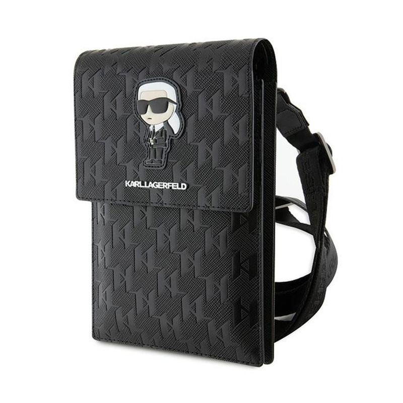 Karl Lagerfeld Saffiano Monogram Ikonik älypuhelimen olkalaukku, musta