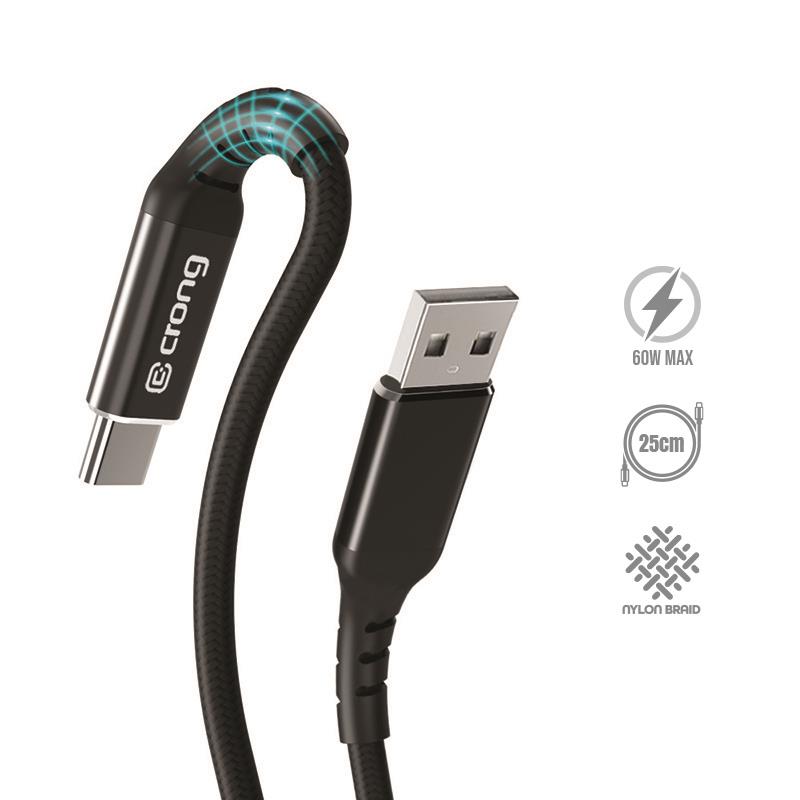 Crong Armor Link USB-A–USB-C-kaapeli, 25 cm, 60 W PD, 3 A, musta