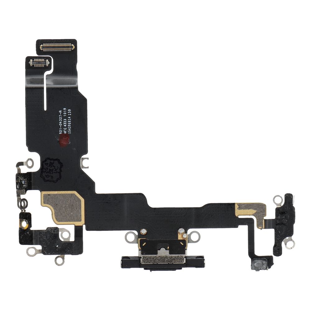 Original charging-port flex cable removed from a donor device for iPhone 15 – black