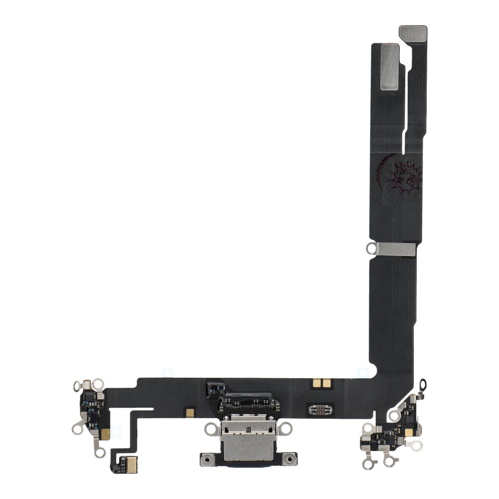 Original charging-port flex cable removed from a donor device for iPhone 16 Plus – black