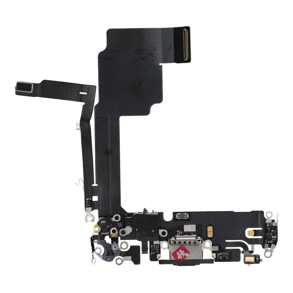 Original charging-port flex cable removed from a donor device for iPhone 15 Pro – black