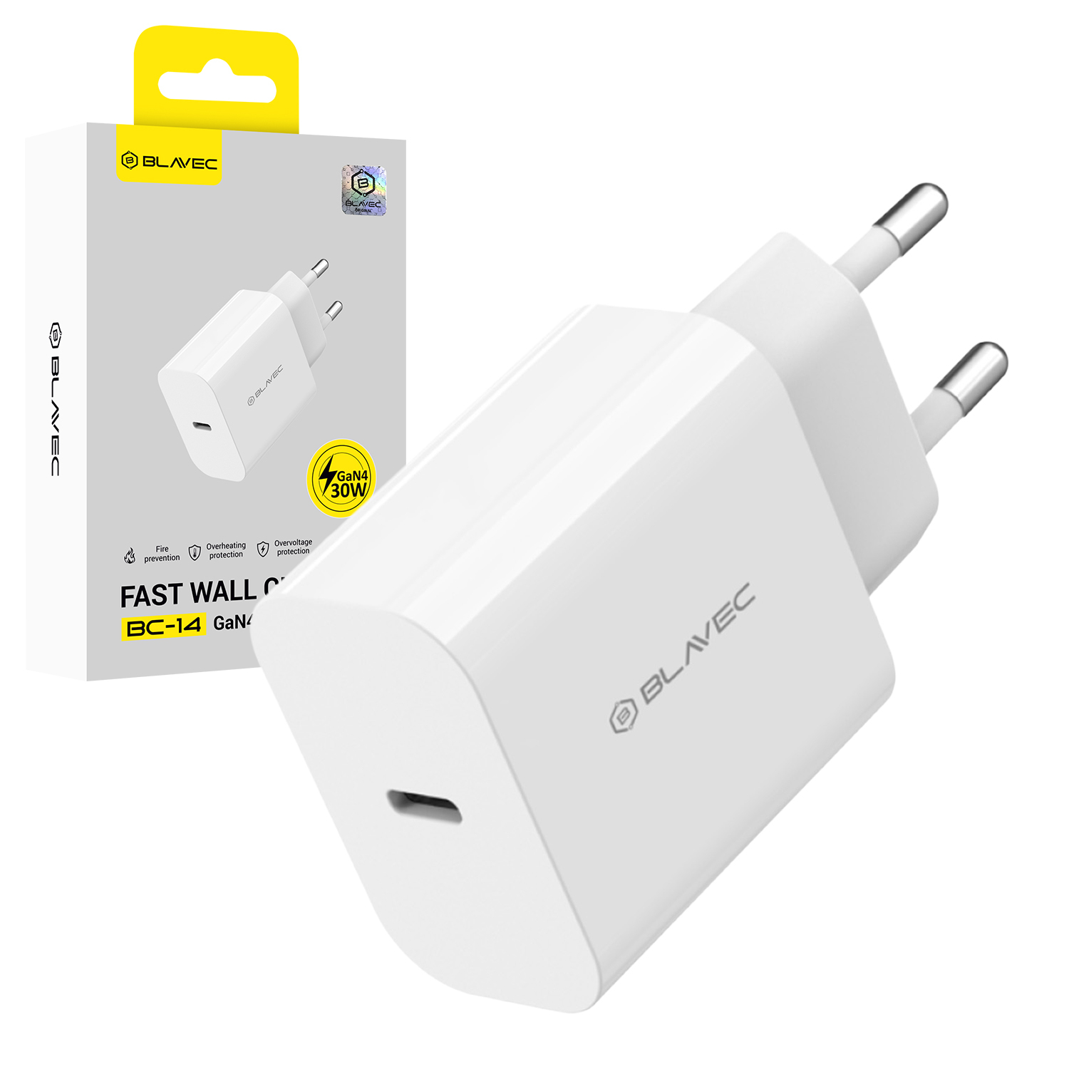 Blavec BC-14 GaN4 30 W USB-C PD/QC -verkkovirtalähde, 3 A, valkoinen