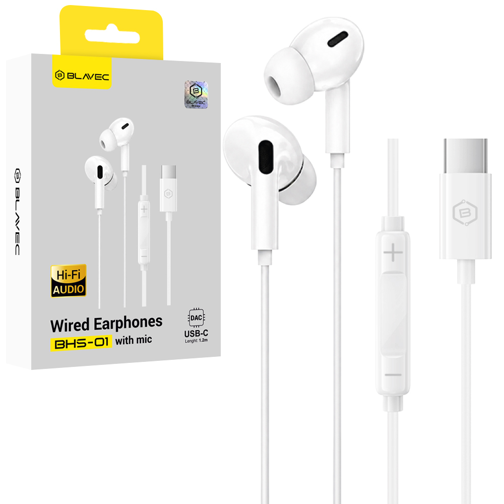 Blavec BHS-01 USB-C -nappikuulokkeet mikrofonilla ja DAC-muuntimella (BHS01-W), valkoiset