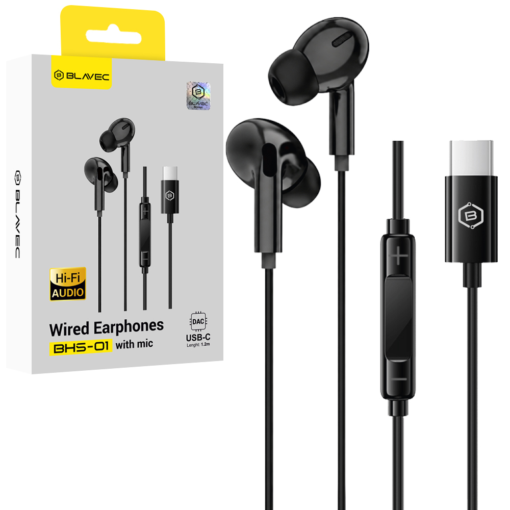 Blavec BHS-01 USB-C -nappikuulokkeet mikrofonilla ja DAC-muuntimella (BHS01-B), mustat
