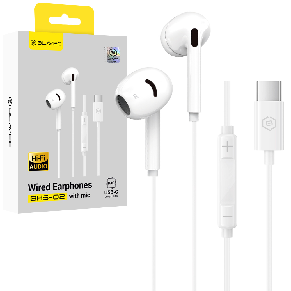 Blavec BHS-02 USB-C -nappikuulokkeet mikrofonilla ja DAC-muuntimella (BHS02-W), valkoiset