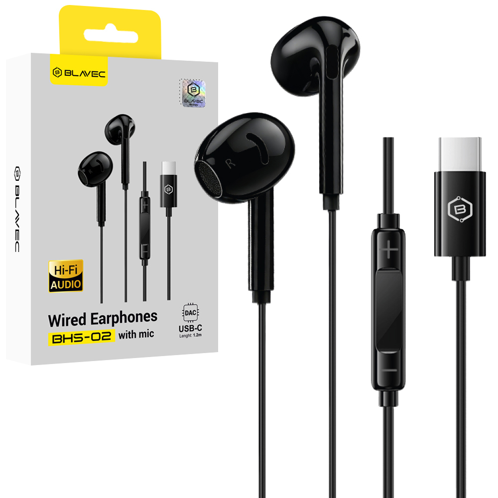 Blavec BHS-02 USB-C -nappikuulokkeet mikrofonilla ja DAC-muuntimella (BHS02-B), mustat