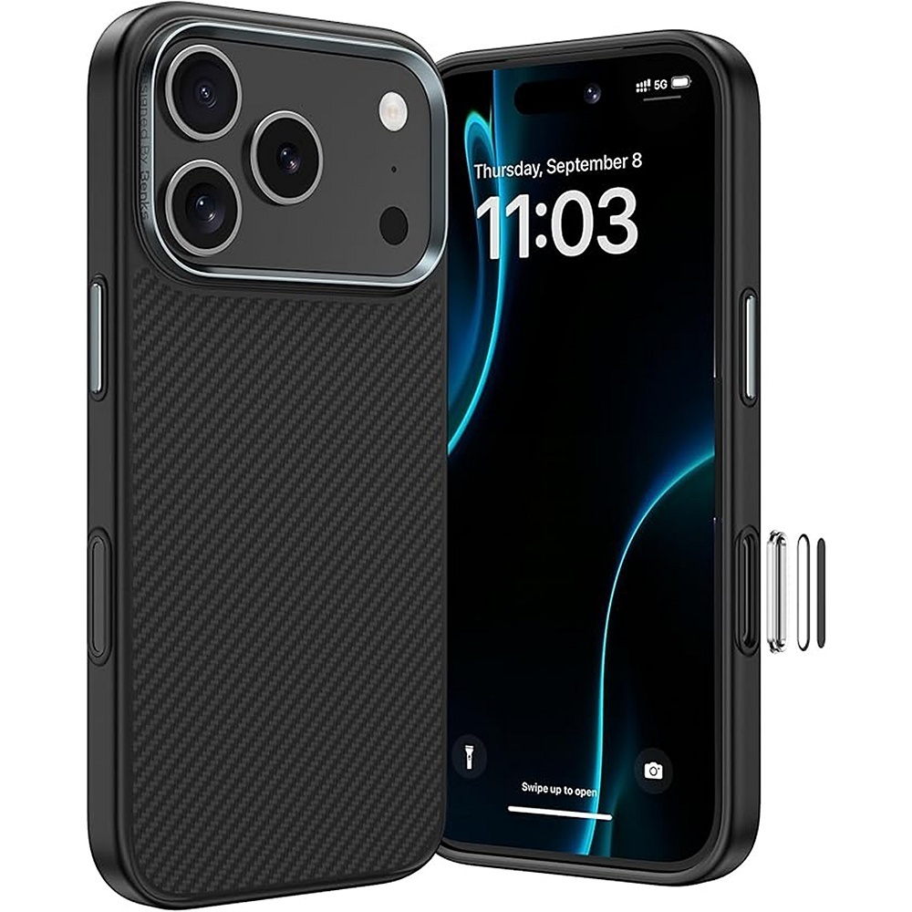 Benks Magnetic Armor Pro 600D -kevlar-kuori metallikehyksellä (C.K.FL.AP.BK.BA72) iPhone 18 Pro / 17 Pro -puhelimiin, musta