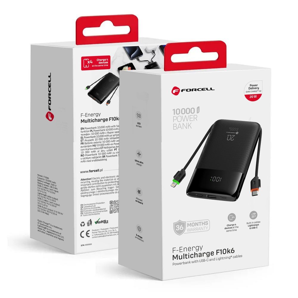 FORCELL F-ENERGY F10K6 Multicharge -varavirtalähde sisäänrakennetuilla USB-C- ja Lightning-kaapeleilla, PD, QC3.0, 3 A, 22,5 W, 10000 mAh, musta