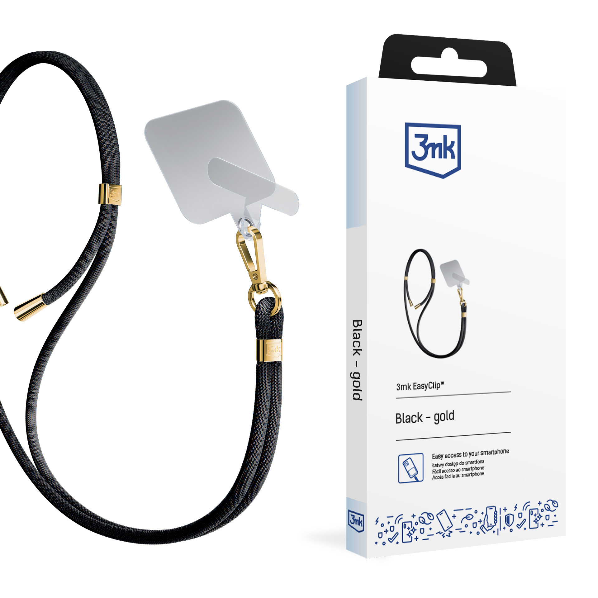 3mk EasyClip puhelimen kaulahihna, musta (kultaiset osat)