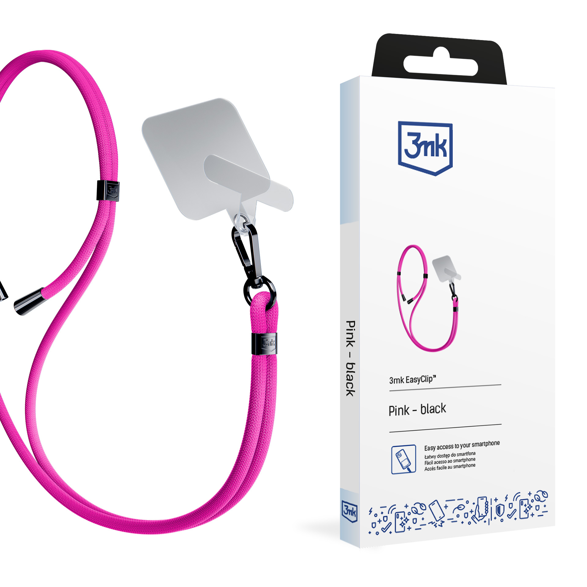 3mk EasyClip puhelimen kaulahihna, vaaleanpunainen (mustat osat)